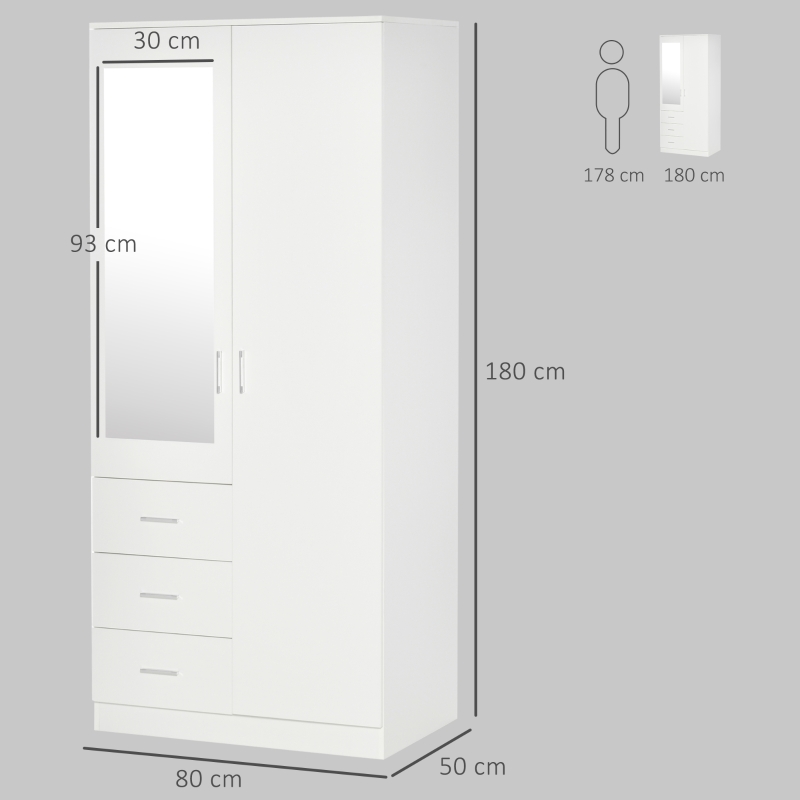 HOMCOM 2 Door 3 Drawer Mirrored Wardrobe with Hanging Rail, Modern Clothes Storage Cupboard with Mirror, Drawers and Adjustable Shelves for Bedroom, 80 x 50 x 180 cm, White