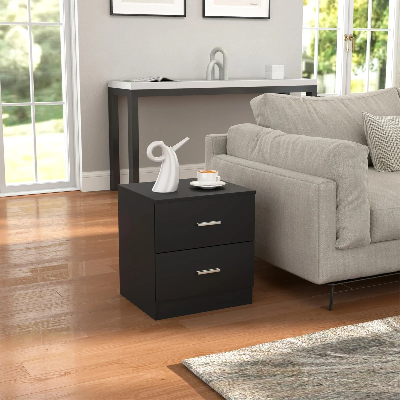 HOMCOM Modern Bedside Table, Beside Cabinet with 2 Drawers, for Bedroom, Living Room, Black