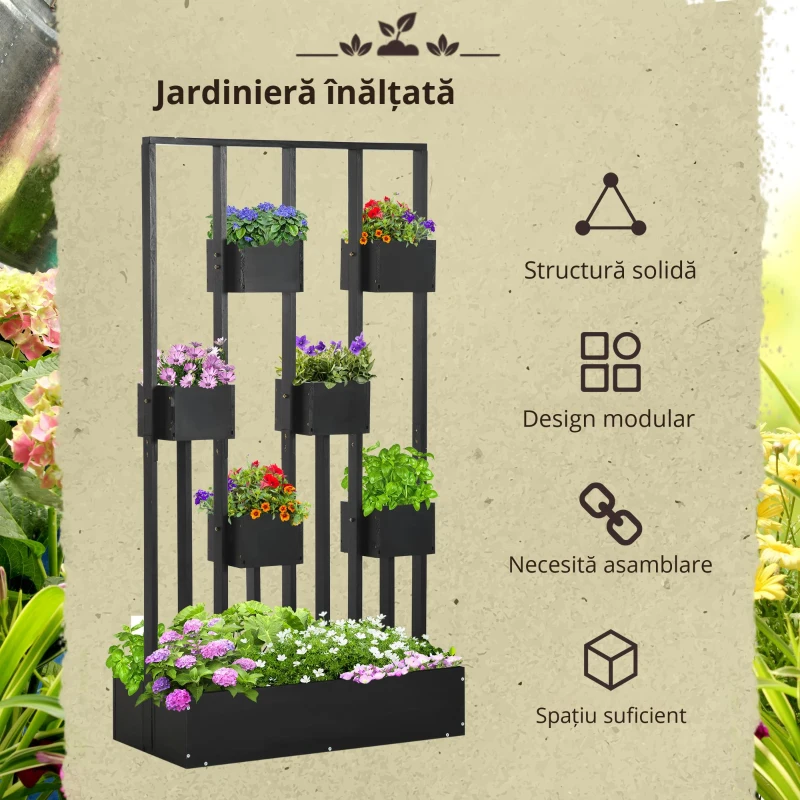 Outsunny Jardiniere inaltă cu grindă din lemn pentru plante, legume, flori sau ierburi aromatice, dim. 90L x 45L x 170H cm