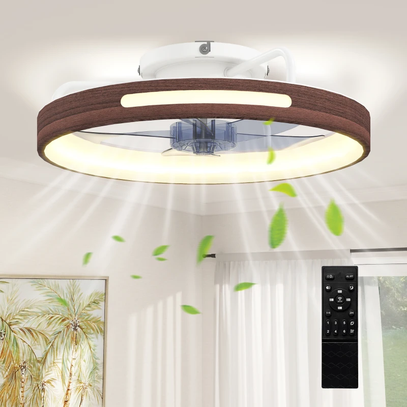 HOMCOM Ventilateur de plafond avec lumière LED 40 W Moteur DC réversible Télécommande 6 vitesses 3 couleurs Minuterie Teck