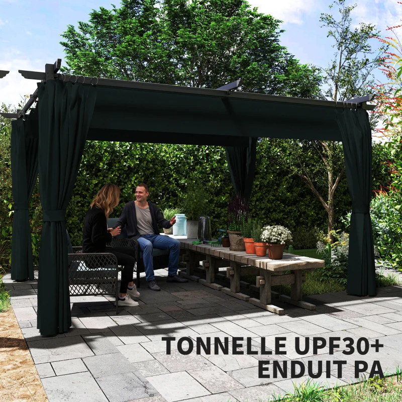 Outsunny Pergola rétractable 4x3m Pergola Aluminium métal avec Rideau et Toit Coulissantepolyester 180g/m² gris foncé