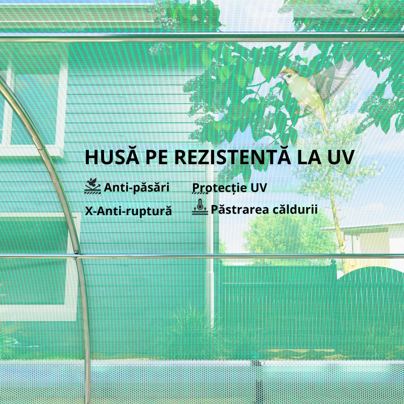 Outsunny Seră tip tunel 6 x 3 x 2 m cu plasă de protecție solară, pereți laterali rulabili, învelitoare din plastic, cadru din oțel, verde