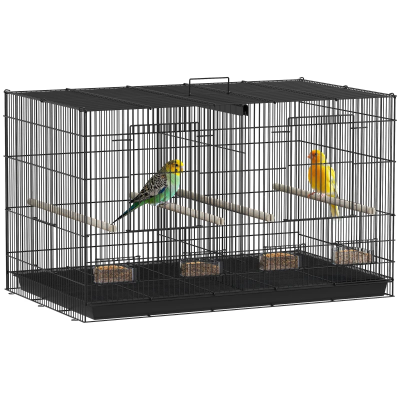 PawHut Colivie volieră interior oțel cu separator 4 bârne tavă glisantă 4 hrănitoare 76 x 46 x 46 cm negru