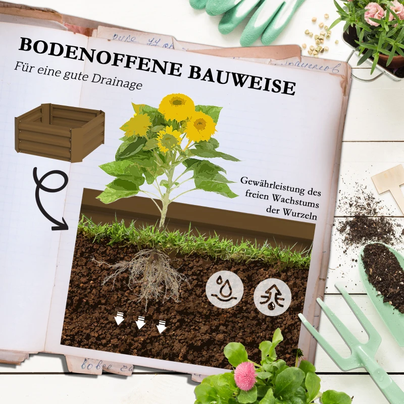 Outsunny Hochbeet mit Rankgitter Pflankasten mit Rankhilfe, offener Boden, wetterbeständig, 61 cm x 61 cm x 140 cm, Braun