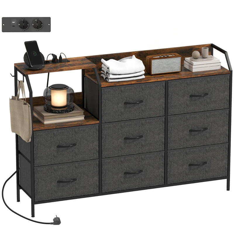 HOMCOM Chest of Eight Drawers, with Charging Station - Brown/Black
