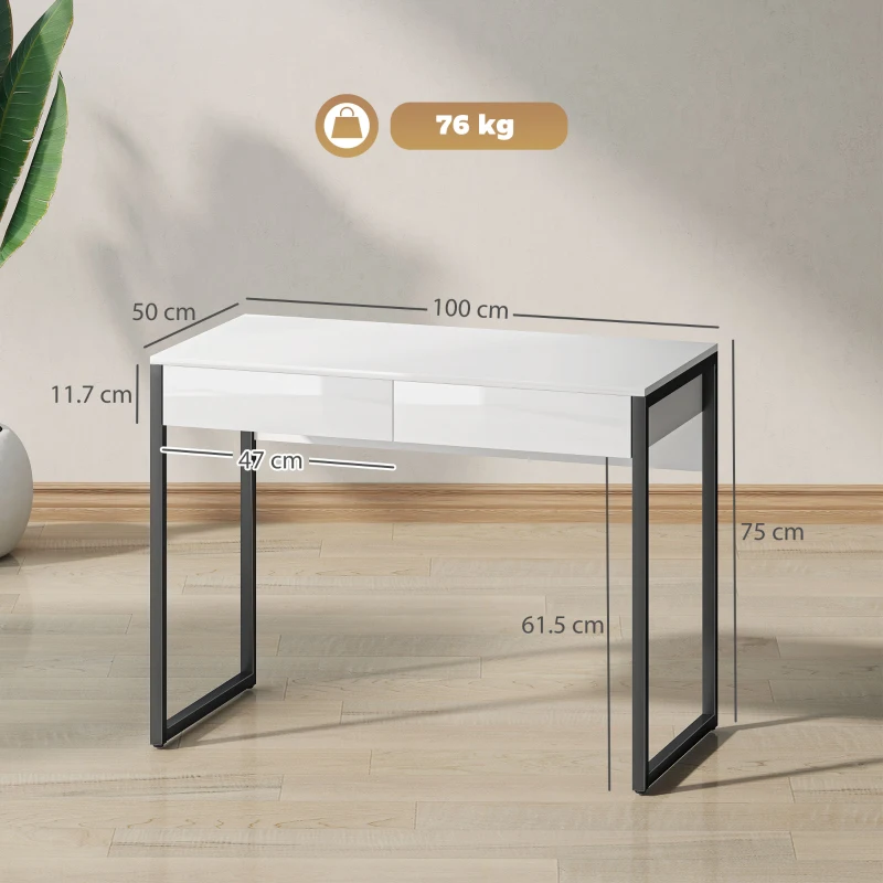 HOMCOM High Gloss Work Table, with Drawers - White