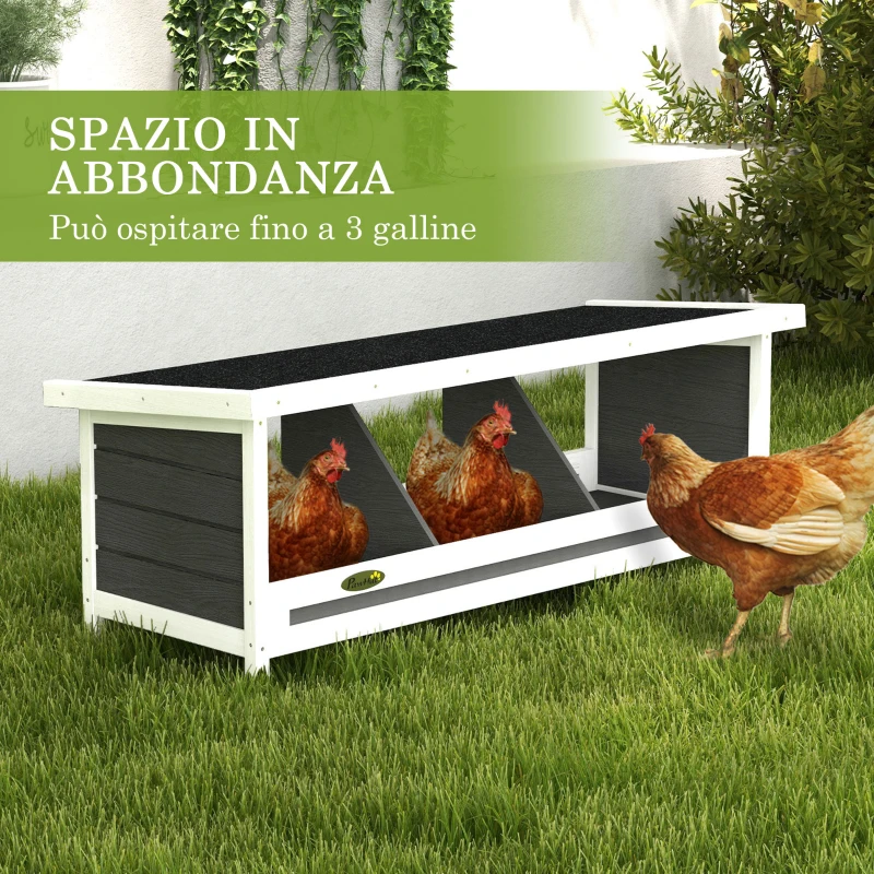 PawHut Nido per Galline a 3 Aree con Base Rialzata e Tetto, in Legno e Bitume, 95x37x34 cm, Grigio