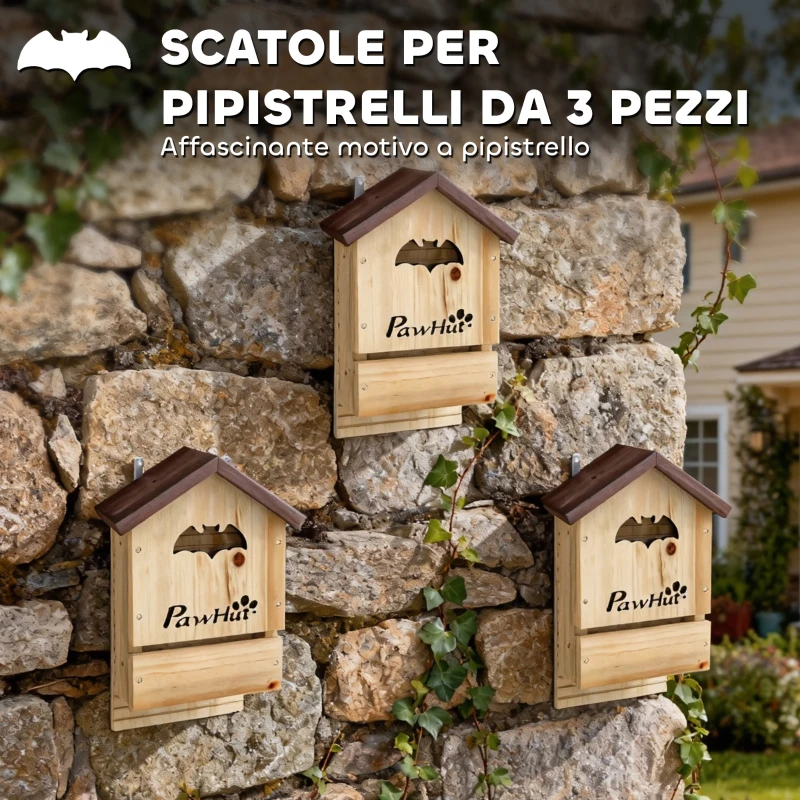 PawHut Set di 3 Casette per Pipistrelli in Legno di Abete, 21.5x11.5x34 cm, Legno Naturale