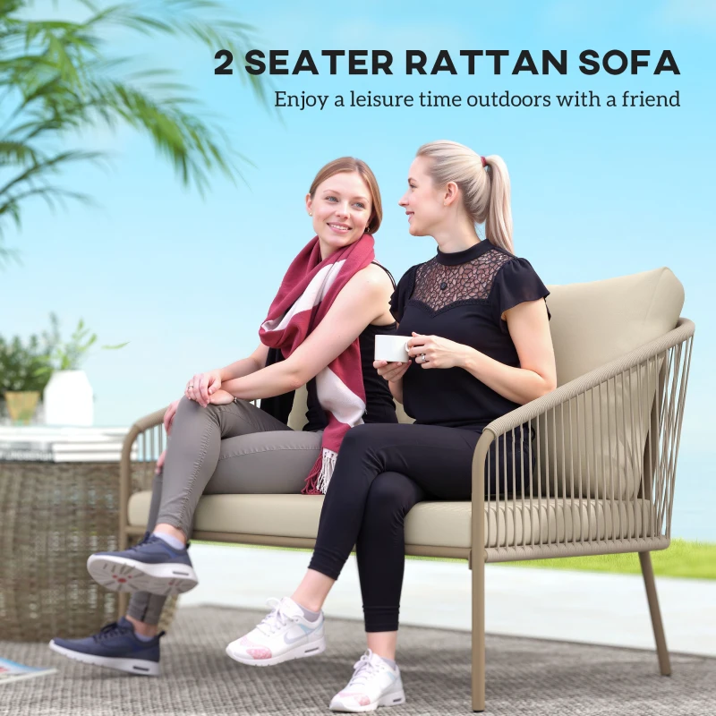 Outsunny 2-osobowa sofa z rattanu z poduszkami, wygodna sofa odporna na warunki pogodowe, beżowa