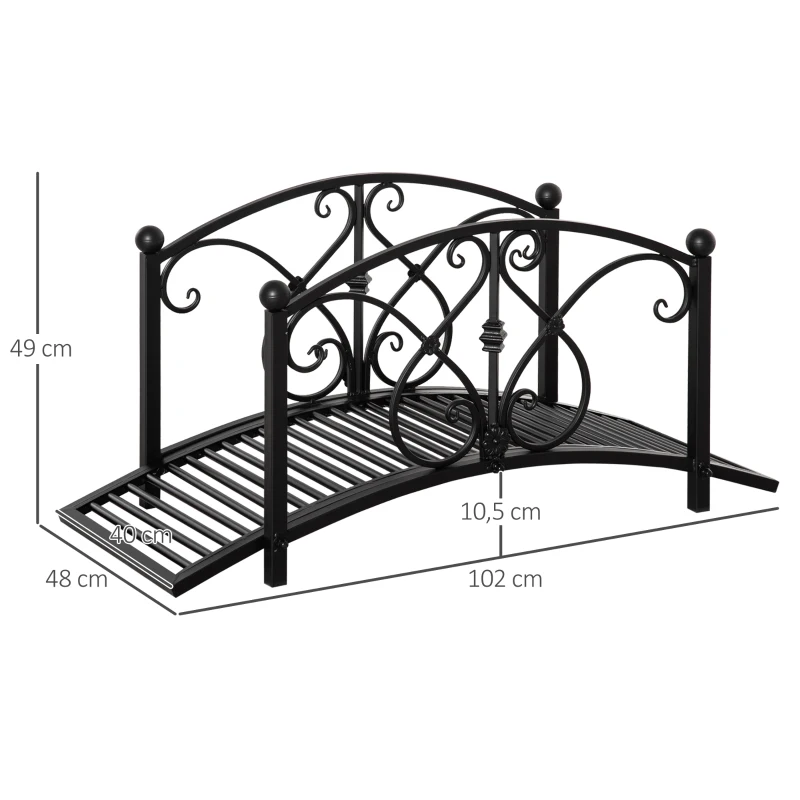 Outsunny Ponte de jardim em metal decoração de jardim com guarda-corpos laterais carga máxima 150 kg 102 x 48 x 49 cm preto