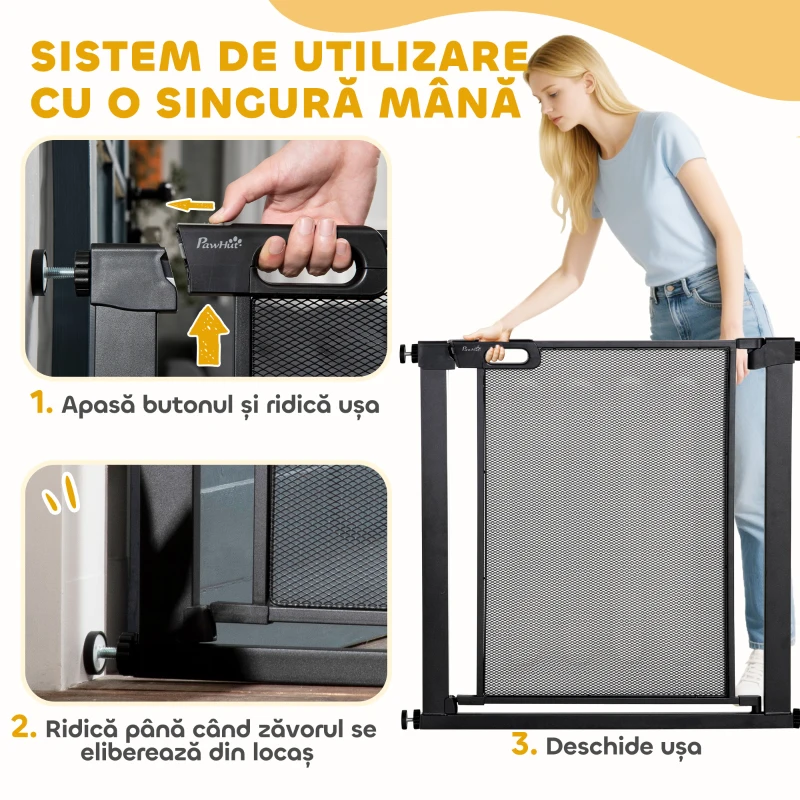 PawHut Poartă Extensibilă pentru Câini cu Presiune, Închidere Automată, Oțel și ABS, 75-82x76 cm, Neagră