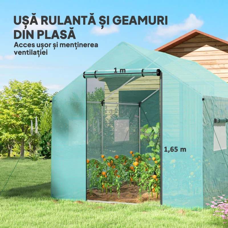 Outsunny Seră de Grădină Tip Tunel 2x3x2 m cu Uși și Ferestre Rulabile, Seră pentru Grădină cu Acoperiș Înclinat, Structură din Oțel și Acoperire PE, pentru Legume, Flori, Fructe, Anti-UV, Verde