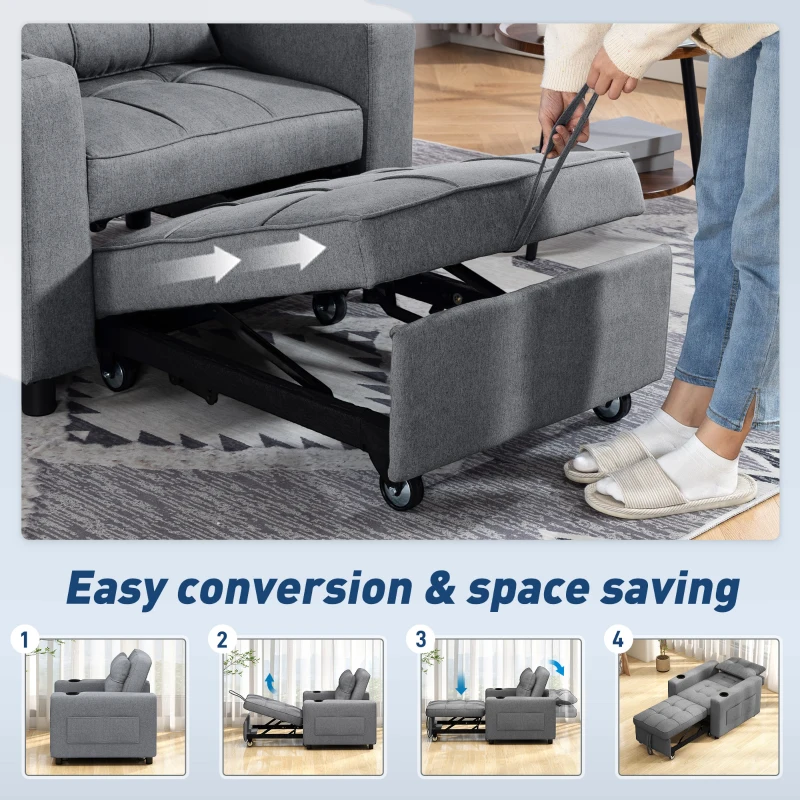 HOMCOM 3-in-1 Single Sofa Bed, Convertible Sleeper Chair Bed - Dark Grey