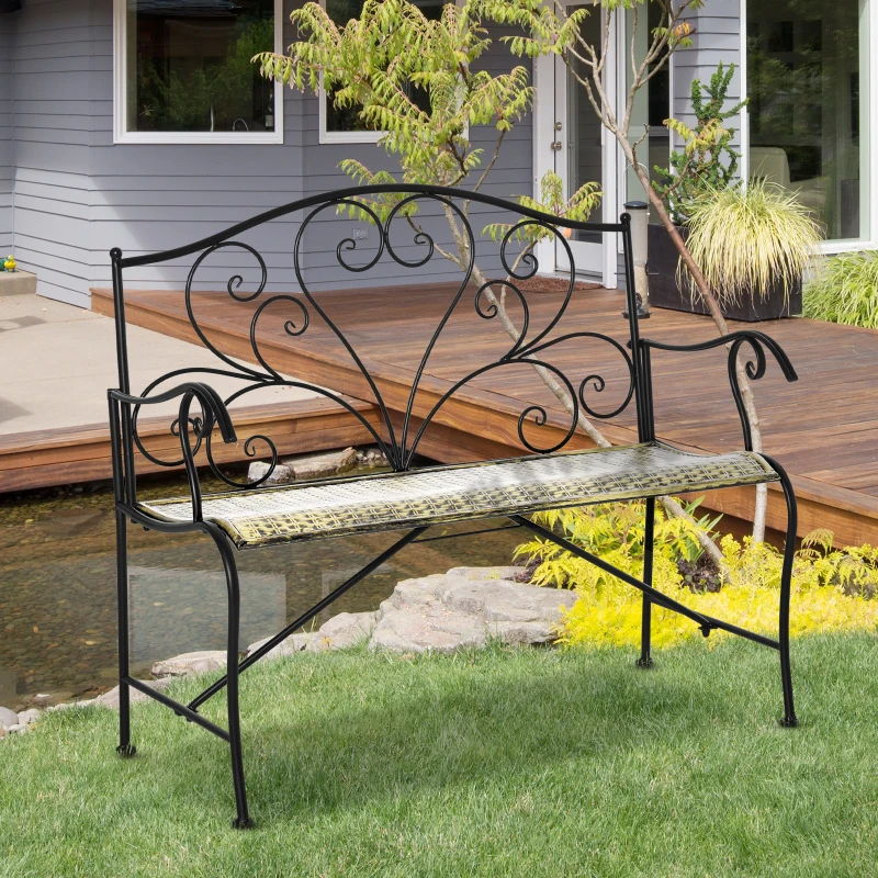 Outsunny Banco de Jardim 2 Lugares Estilo neorretro Ferro forjado Linhas fuseladas Metal Preto Dourado Efeito Envelhecido