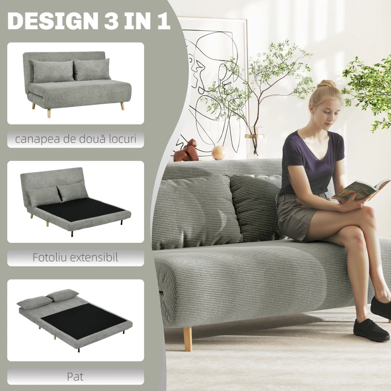 HOMCOM Canapea Extensibilă Dublă cu Spătar Reglabil și 2 Perne, din Material Textil cu Aspect de In Gri(m-4)