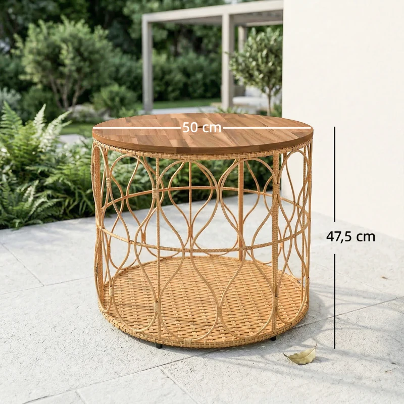 Outsunny Mesa auxiliar Ø50 cm resistente a la intemperie con aspecto de ratán, tablero de madera de acacia, patas regulables Teca