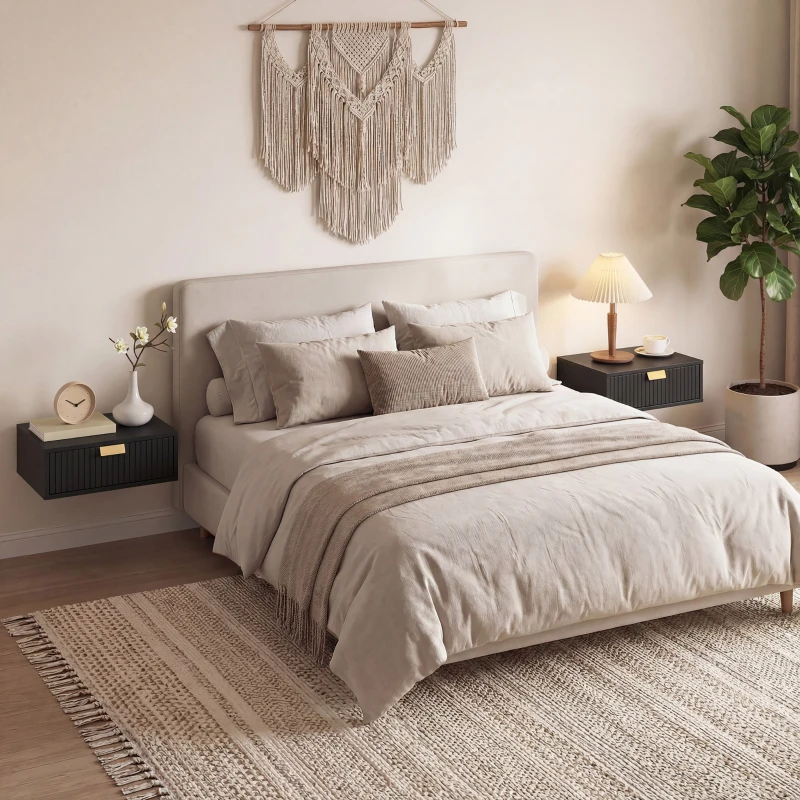 HOMCOM Modern Floating Nightstands Set of 2, Wall Mounted Bedside Tables with Wave Drawer Black