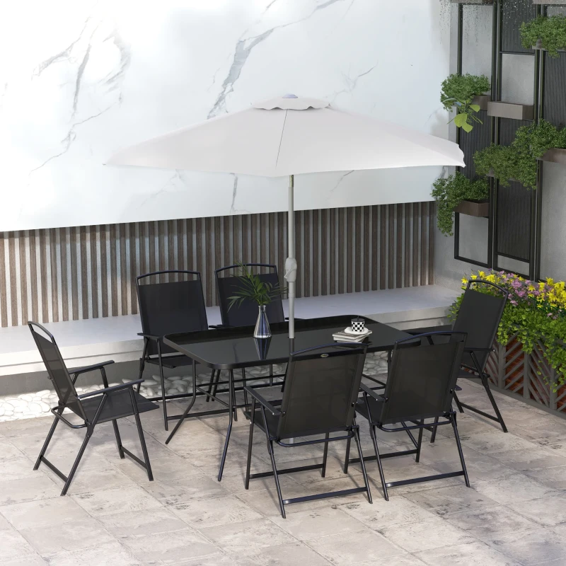 Outsunny Ensemble salon de jardin 8 pièces avec grand parasol, table et chaises pliantes métal époxy textilène polyester noir
