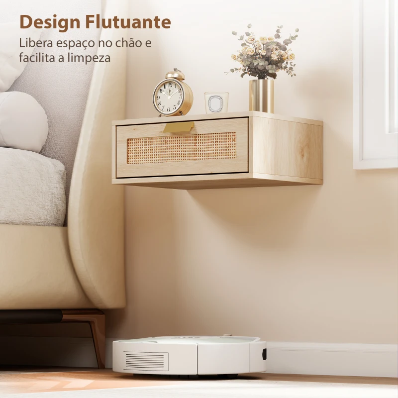 HOMCOM Conjunto de 2 Mesas de Cabeceira Flutuantes com Gaveta de Vime Poupa Espaço Design Moderno 40x30x15 cm Carvalho