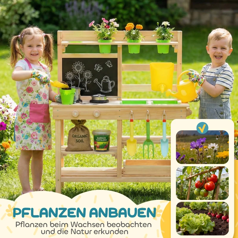 AIYAPLAY Matschküche Kinder Outdoor, Spielküche aus Holz mit Spüle Herd Pflanztöpfen Tafel für 3-6 Jahre 77x32x95 cm Naturholz