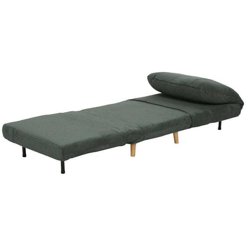 HOMCOM 2-in-1 Fotoliu extensibil Pat pentru oaspeți, tetieră reglabilă, aspect catifea reiată 82 cm x 87 cm x 89 cm Verde