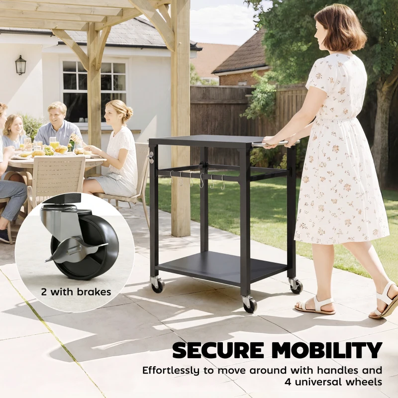 Outsunny Outdoorowy wózek grillowy, Stojak na piec do pizzy z metalową powierzchnią, 2-poziomowa mobilna stacja kuchennych z haczykami i uchwytami, Czarny