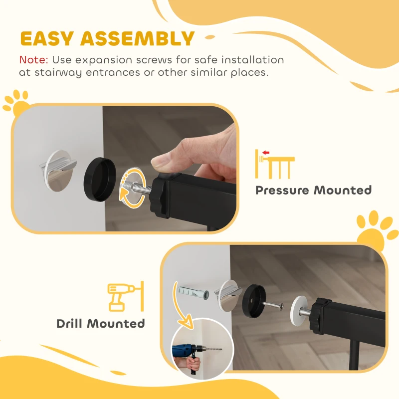PawHut Bramka dla zwierząt, 77 cm bramka na schody, regulowana szerokość 76-104 cm, z drzwiczkami dla kota, do schodów i drzwi, czarna