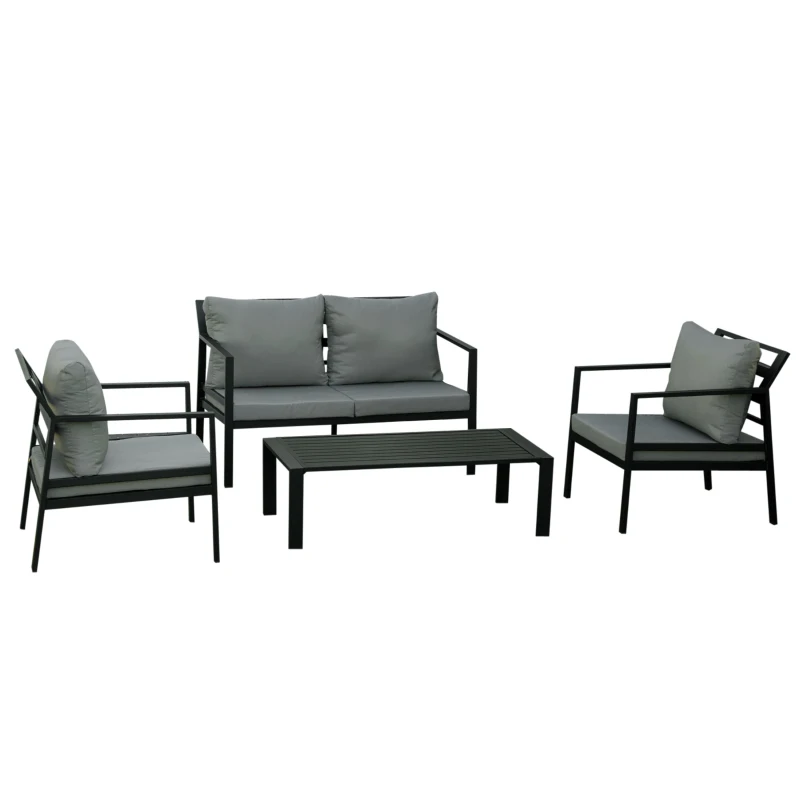 Outsunny Ensemble salon de jardin 4 pièces canapé 2 places + 2 fauteuils + table basse plateau à lattes 8 coussins rembourrage épais déhoussables aluminium gris noir
