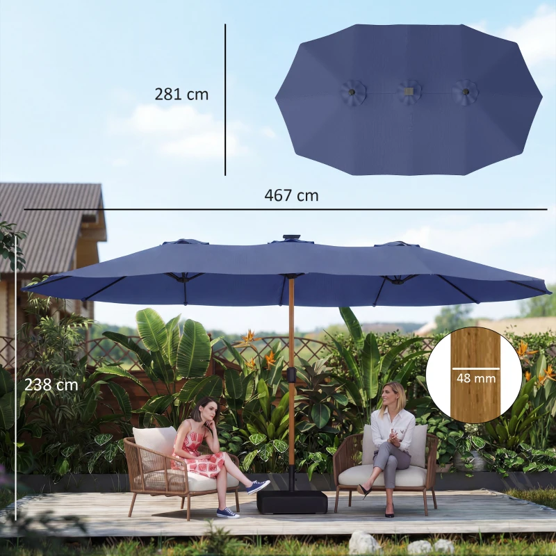 Outsunny Ombrellone Doppio a 12 Stecche con Manovella, Base a Croce e Sacchi di Sabbia, 4.7x2.8 m, Blu Scuro