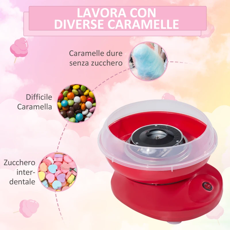 HOMCOM Macchina per Zucchero Filato in PP, Acciaio Inox e Alluminio 450W 27 x 26 x 18cm Rosso