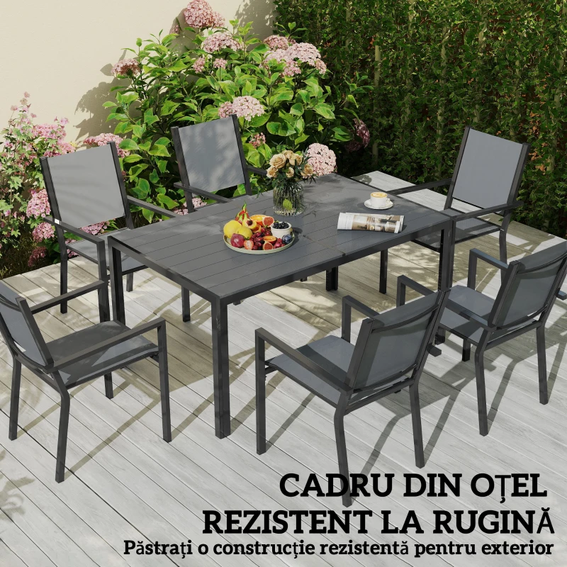 Outsunny Set Masă de Grădină cu Scaune, 7 Piese, Set de Prânz cu Masă cu Blat din Lemn Compozit cu Șipci și 6 Scaune de Exterior Stivuibile, Mobilier din Oțel cu Texteline, Gri și Negru