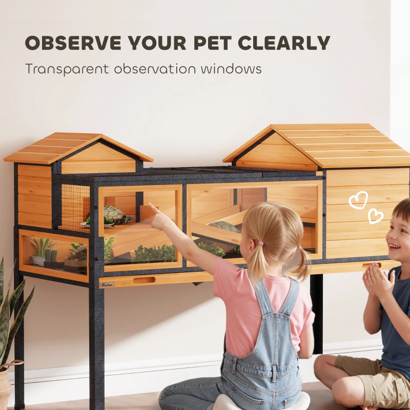 PawHut Dom dla żółwi, klatka dla małych zwierząt, 2 pokoje, 2 poziomy, okna, rampy, akcesoria, drewno, stal, Żółty