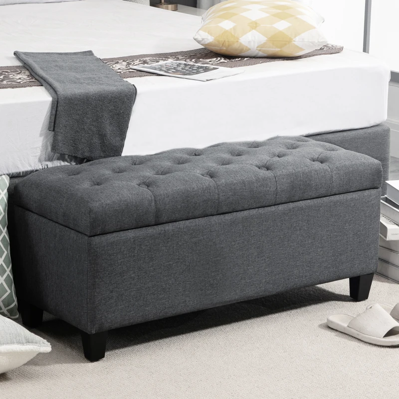HOMCOM bancă cu spațiu de depozitare banchetă tapițată cu aspect de in, bancă cu picioare din lemn, bancă-ladă pentru living dormitor hol 100 x 40 x 44 cm Gri închis