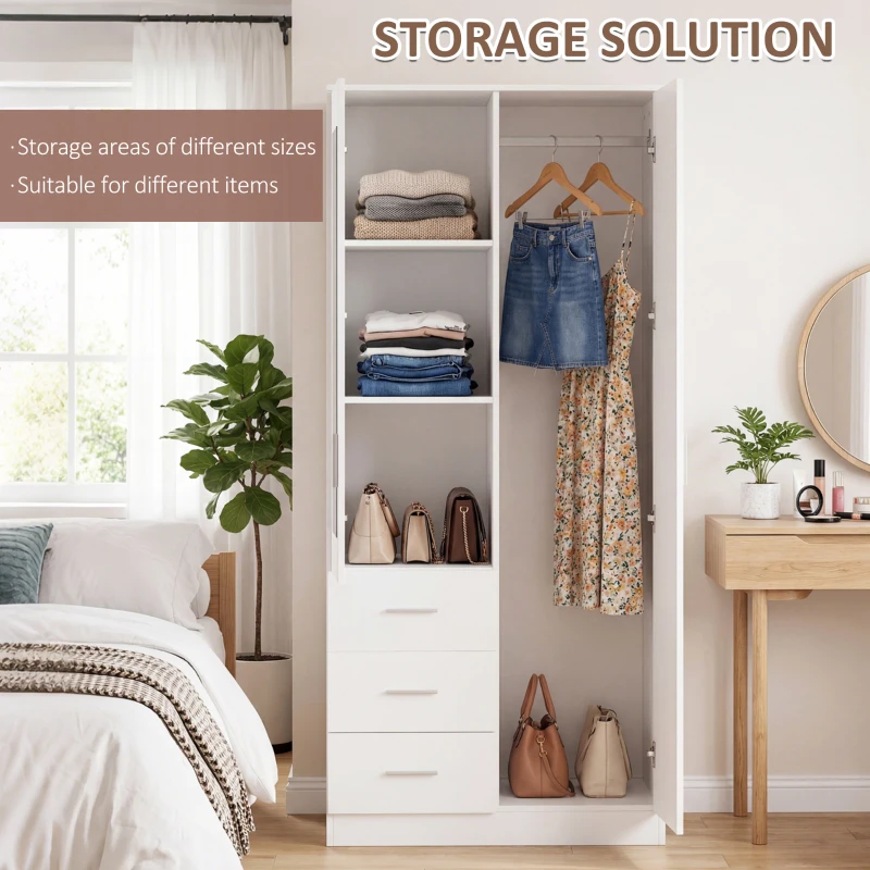 HOMCOM 2 Door 3 Drawer Mirrored Wardrobe with Hanging Rail, Modern Clothes Storage Cupboard with Mirror, Drawers and Adjustable Shelves for Bedroom, 80 x 50 x 180 cm, White