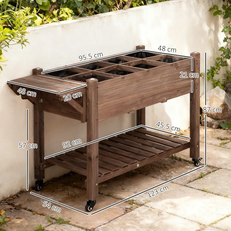 Outsunny Raised Garden Bed Planter Box w/ 8 Grow Grids, Storage Shelf & Lockable Wheels