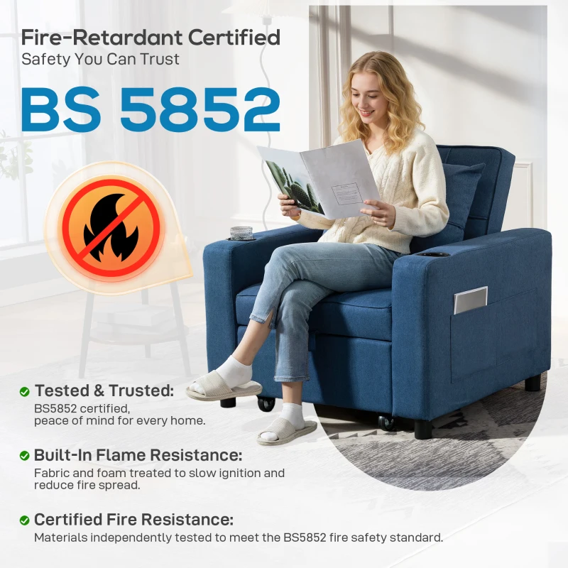 HOMCOM 3-in-1 Single Sofa Bed, Convertible Sleeper Chair Bed with 3-level Adjustable Back - Dark Blue