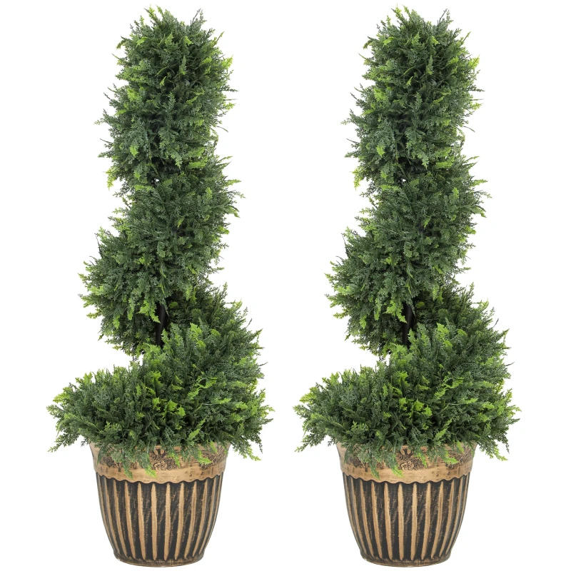 HOMCOM Set of 2 Artificial Plants, Topiary Spiral Boxwood Cypress Trees with Pot, for Home Indoor Outdoor Decor, 90cm