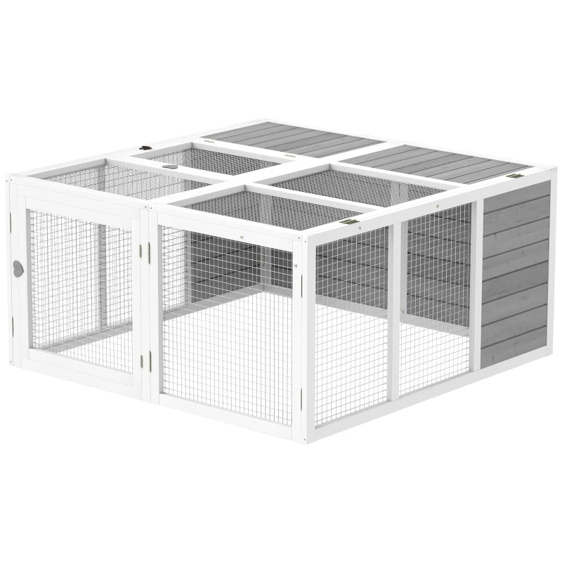 PawHut Cușcă exterioară pentru animale mici, cușcă pentru iepuri, construcție din lemn, pliabilă, pentru interior și exterior, Gri deschis