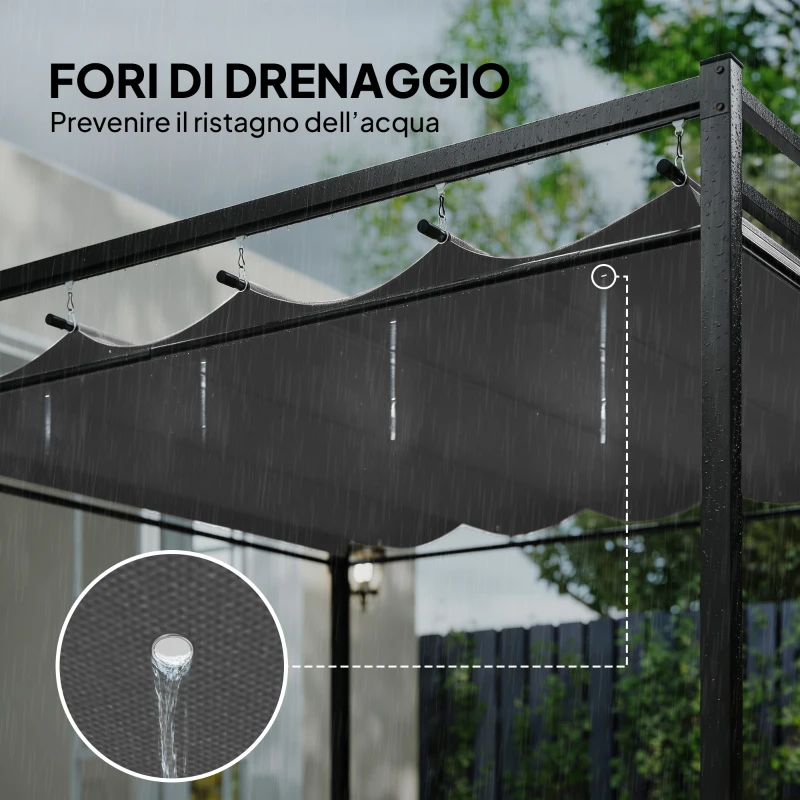 Outsunny Pergola Gazebo 3x3 m con Tetto Scorrevole UV30+ e 4 Pareti Laterali, Grigio Scuro