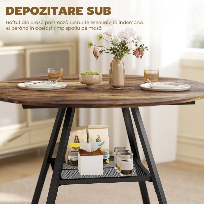 HOMCOM Masă de dining 4 locuri, 100 cm rotundă, bucătărie industrială, poliță de depozitare, maro rustic.