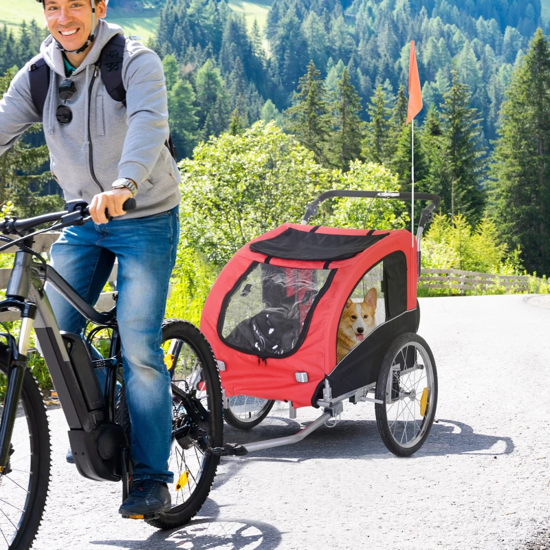 HOMCOM Remorque vélo Jogger 2 en 1 pour Animaux Drapeau Roue Avant pivotante réflecteurs et Barre d'attelage Inclus Rouge Noir