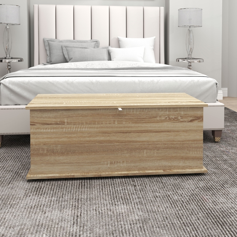 HOMCOM Banco de Almacenaje con Bisagra de Seguridad Estilo Moderno para Pasillo Dormitorio Salón 100x40x40 cm Roble