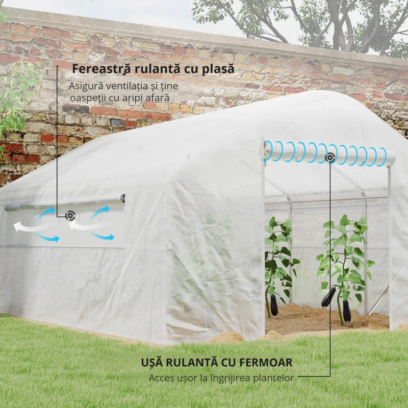 Outsunny Seră de grădină 4 x 3 x 2m cu uși rulabile și ferestre mari, seră tunel de grădină, alb
