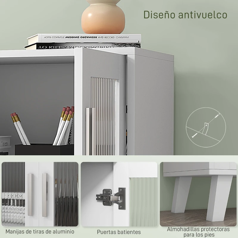 HOMCOM Aparador de 2 Puertas Aparador de Salón con 2 Estantes Puertas Transparentes para Cocina Entrada Blanco 61x35x75 cm