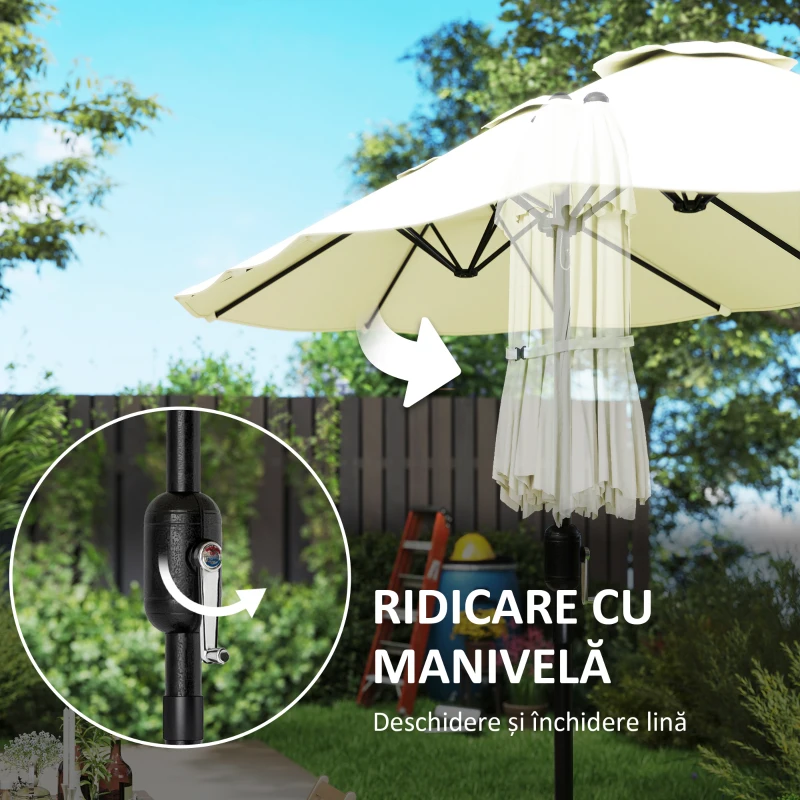 Outsunny Umbrelă Dublă cu 12 Spițe, Manivelă, Bază în Formă de Cruce și Saci, din Metal și Poliester, 3x1.5 m, Bej