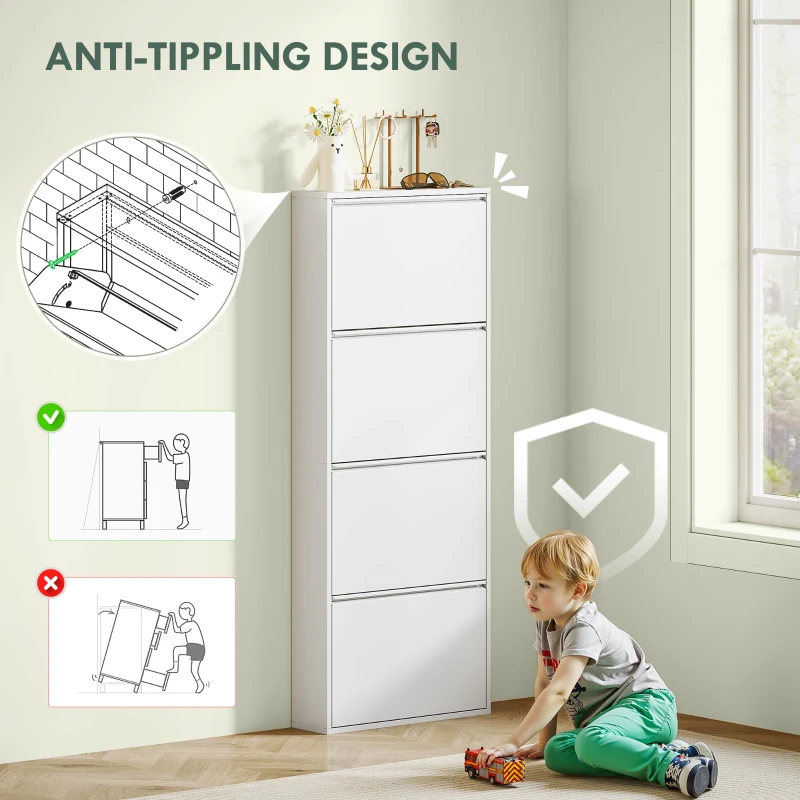 Szafka na buty 4-drzwiowa, wąska, na 8 par, metalowa, biała