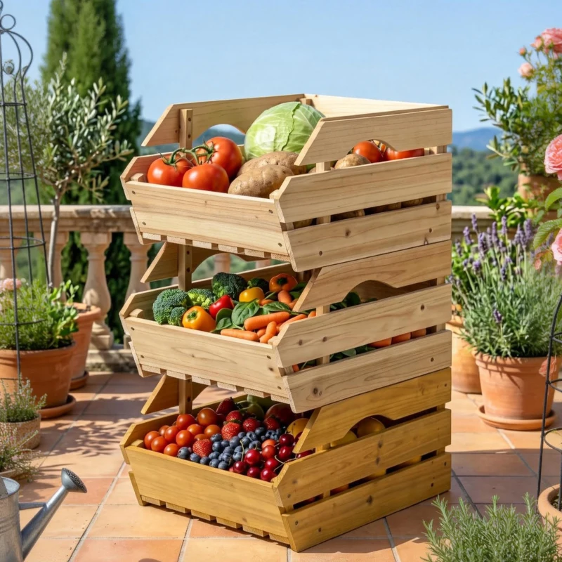 Outsunny 3-stufiger, abnehmbarer Obstkorbständer aus Fichtenholz für Obst und Gemüse, 37,5x27x60cm, Natur