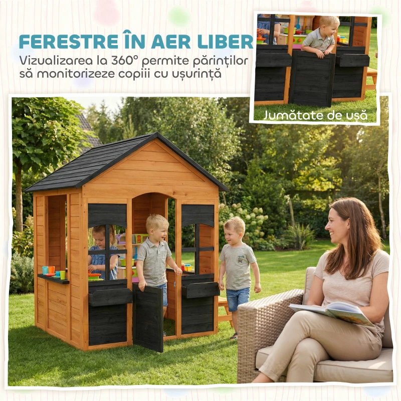 AIYAPLAY Căsuță din Lemn Copii cu Jardiniere, pentru Joacă Exterior/Interior, Vârsta 3-8, Maro