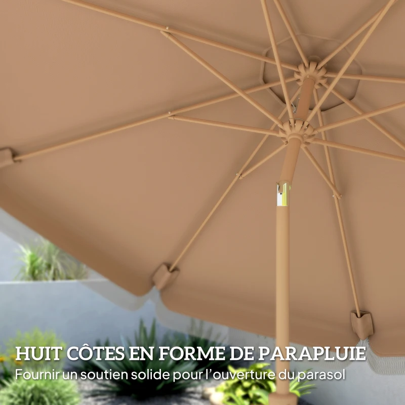 Outsunny Parasol de jardin extérieur 266 cm, parasol inclinable, franges, manivelle, 8 baleines, toile polyester 180 g/m², kaki