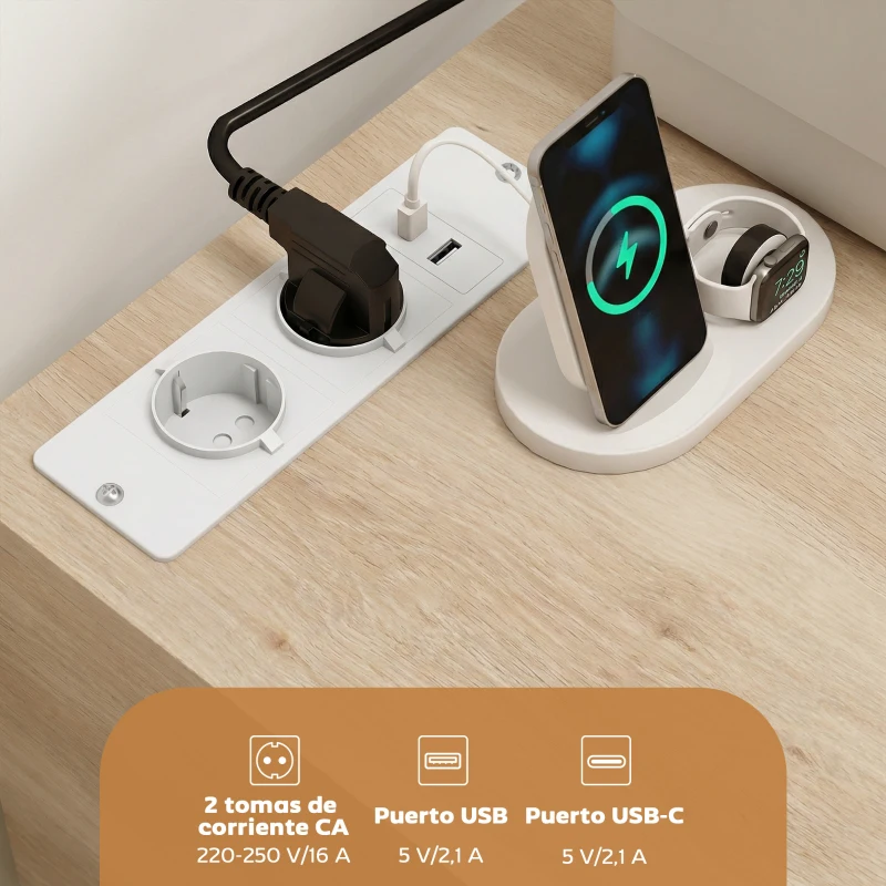 HOMCOM Mueble para Impresora con Estación de Carga y Ruedas 5 Cajones Puertos USB Estante Ajustable Natural
